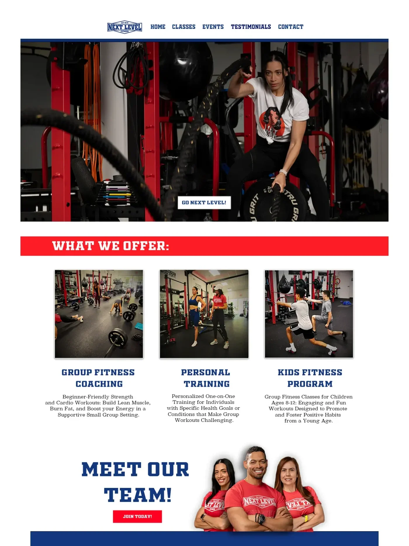 Next Level Fitness homepage design